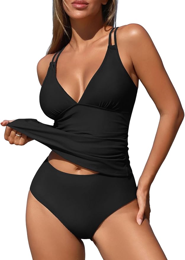 ZAFUL Womens Tankini Swimsuits V Neck Push Up Swim Top Color Block Tummy Control High Waisted Bathing Suits Swim Bottom