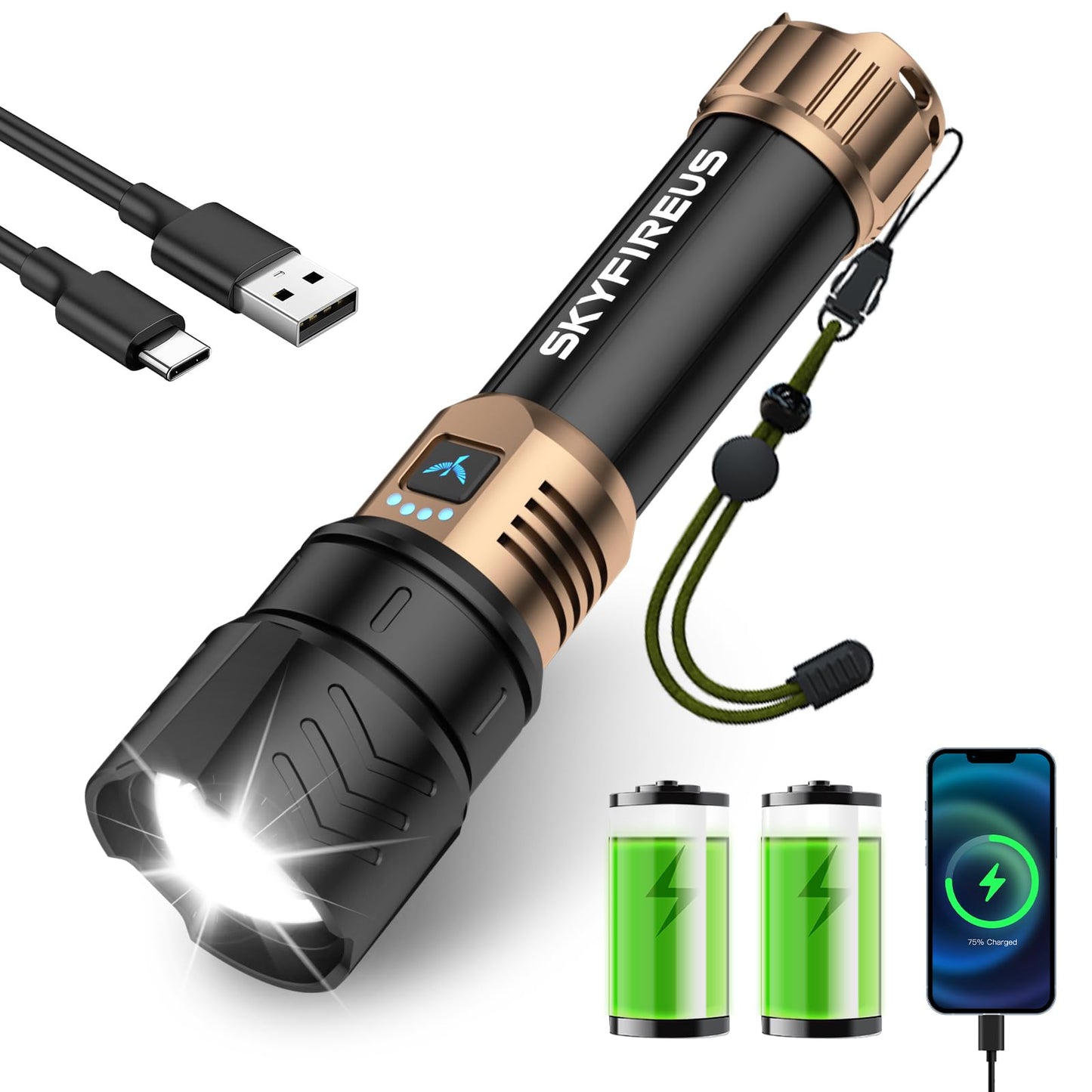 SKYFIRE LED Flashlight, 10000mAh Rechargeable, Zoomable, Waterproof, Model SF-1097, 2pcs Batteries