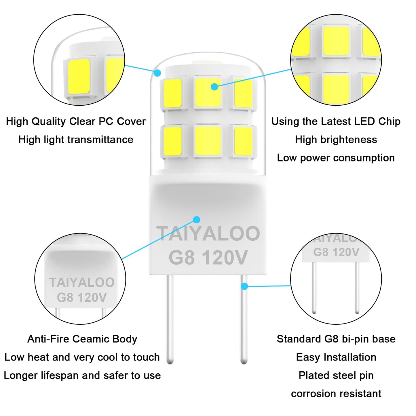 Taiyaloo G8 Dimmable Led Bulb, 20W-25W Halogen Equivalent, Daylight White 6000K, 120V, Bi-Pin Base,
