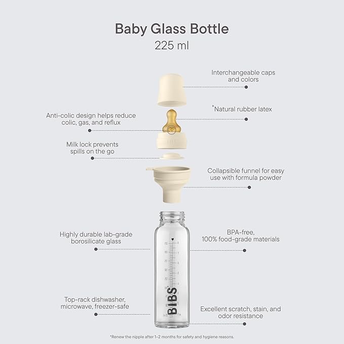 BIBS Baby Glass Bottle Complete Set 225 ml | BPA Free Natural Rubber | Made in Denmark | Blush