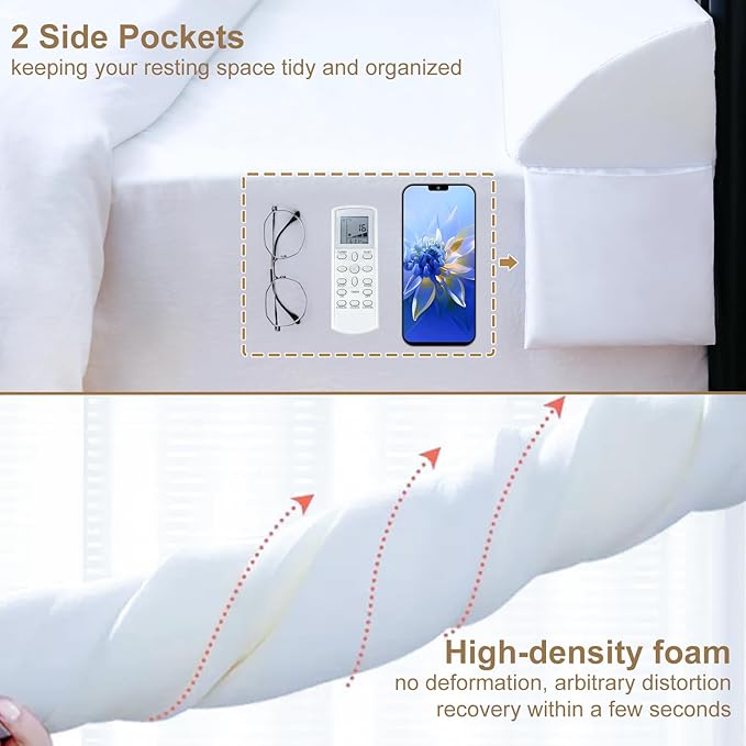 Vekkia Queen Bed Wedge Pillow for Headboard/Wedge Pillow Headboard/Bed Gap Filler/Headboard Pillow,Pillow Wedge for Headboard Gap,Stop Loosing Your Pillows,Phone&Glasses(White 60"x6.5"x4.5")