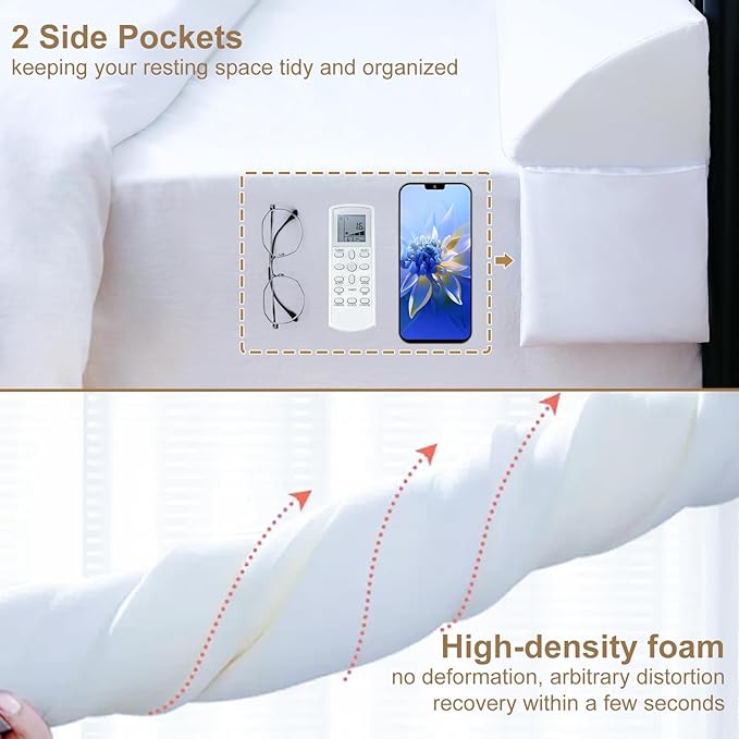 Vekkia King Bed Wedge Pillow for Headboard/Wedge Pillow Headboard/Bed Gap Filler/Headboard Pillow,Pillow Wedge for Headboard Gap,Stop Loosing Your Pillows,Phone&Glasses(White 76"x6.5"x4.5")