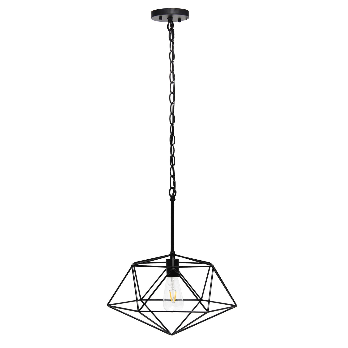 Elegant Designs PT1011-BLK 16in Geometric Diamond Pendant Light Fixture, Black, Iron, Industrial Metal Wire Cage