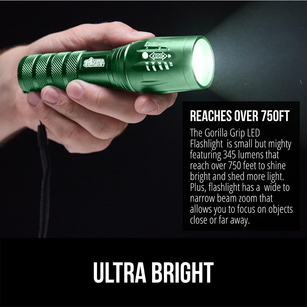 Gorilla Grip LED Tactical Handheld Flashlight, 750 FT Zoom, 5 Modes, Water Resistant, Metal, Hunter Green, Model 840029684931