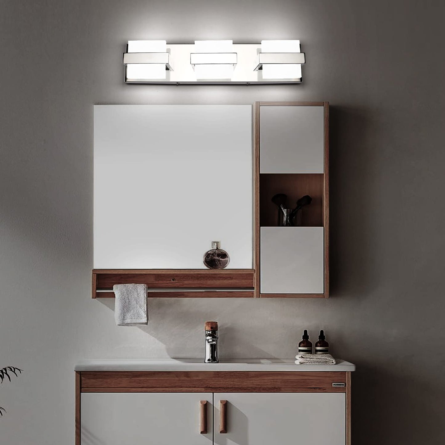 SOLFART LED Bathroom Vanity Light Fixtures, 3 Lights, Chrome, Acrylic Shade, White Light 6000K, Model 7248-3T-WHL-ND
