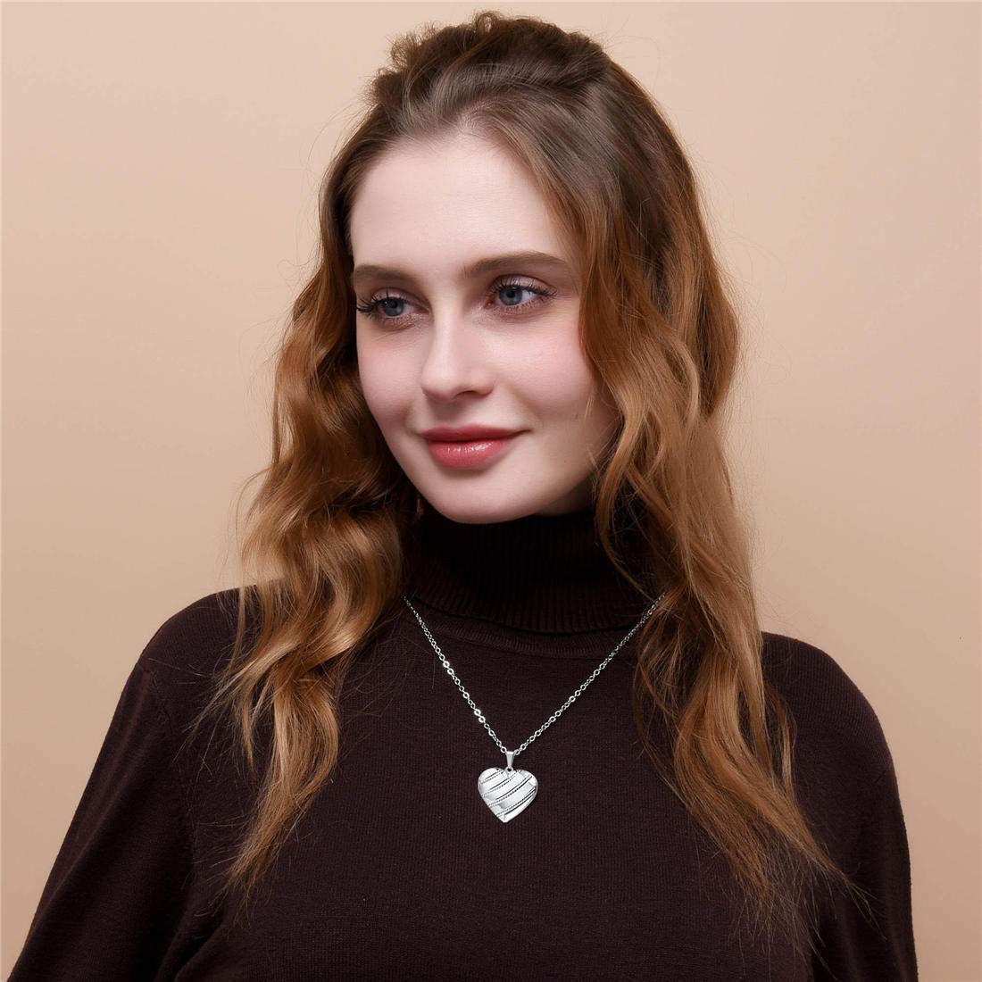 U7 Platinum Stripe Memorial Photo Locket Necklace for Women, Heart Pendant with Picture or Urn Ashes Compartment, Hypoallergenic