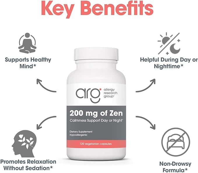 Allergy Research Group 200mg of Zen Supplement - GABA, L-Theanine, Calmness Support, Day or Night, Hypoallergenic, Vegetarian Capsules - 120 Count