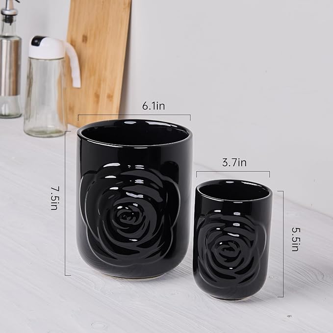 Large Utensil Holder Set of 2, 7.5"+ 5.5" - Ceramic Rose Kitchen Countertop Utensil Crock for Spatulas, Spoons & Cooking Tools, Farmhouse Kitchen Counter Decor, Black