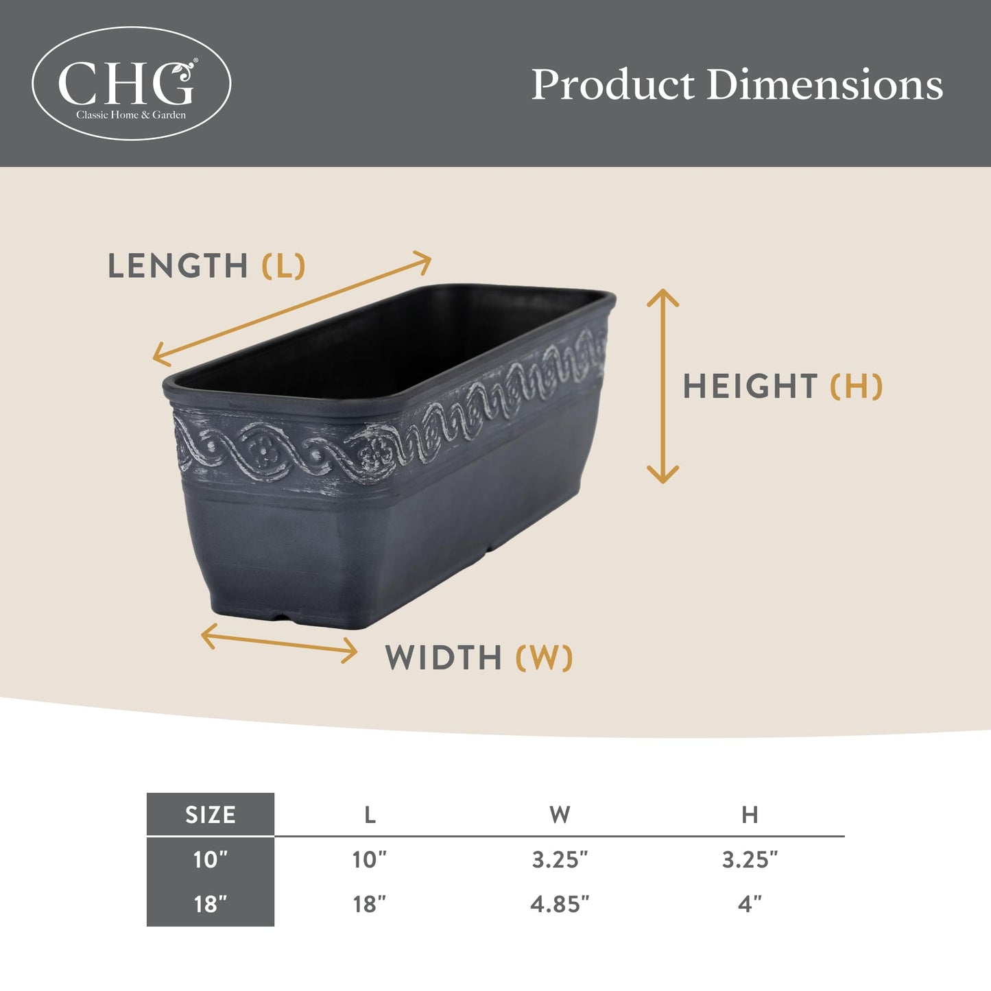 Classic Home and Garden Corinthian Resin Flower Pot Rectangle Planter, Concrete Grey, 18"