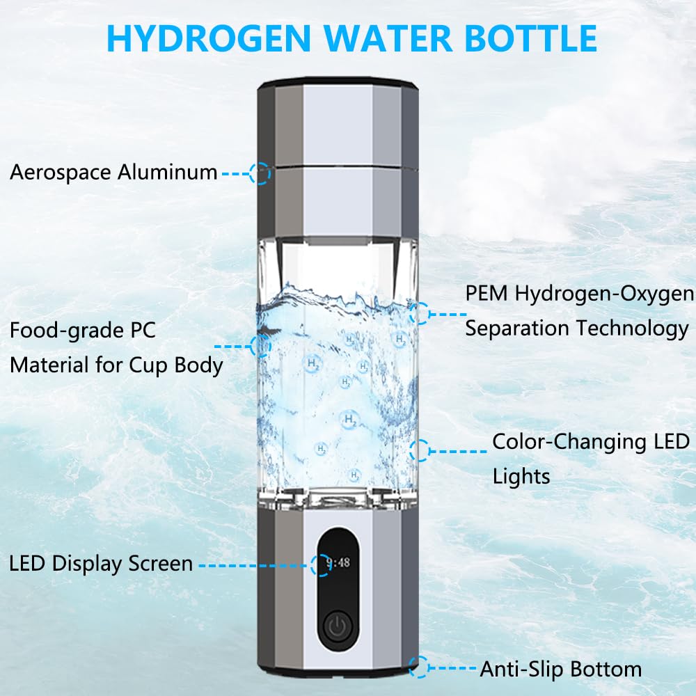 Hydrogen Water Bottle Generator - 10,000PPB/10ppm Portable Hydrogen Plastic 210ML Water Bottle Adaptor Advanced SPE/PEM Technology & 7 led Colors