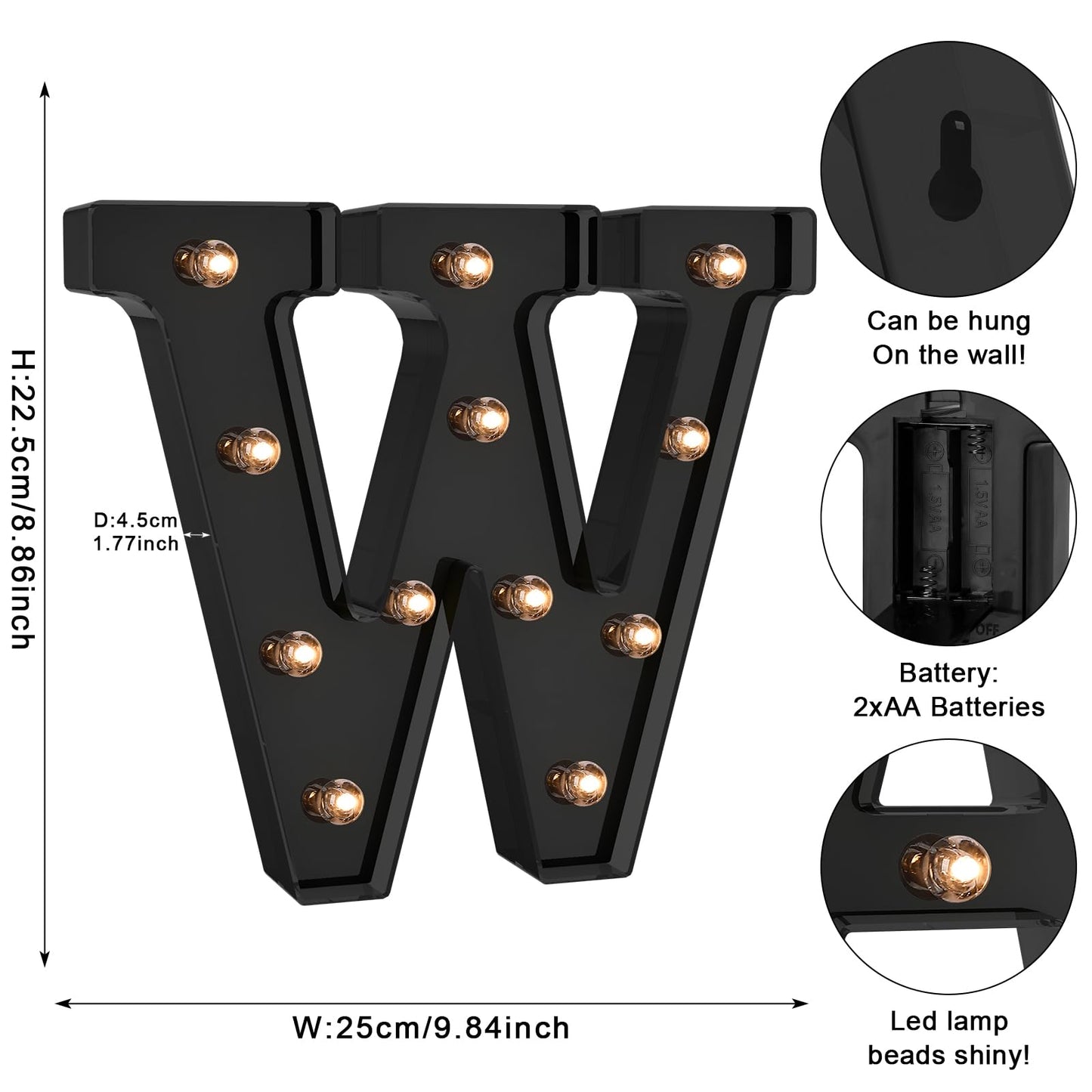 Foaky LED Letter Lights - Battery Operated Room Decor, Black Plastic, Model Black-25, Size W