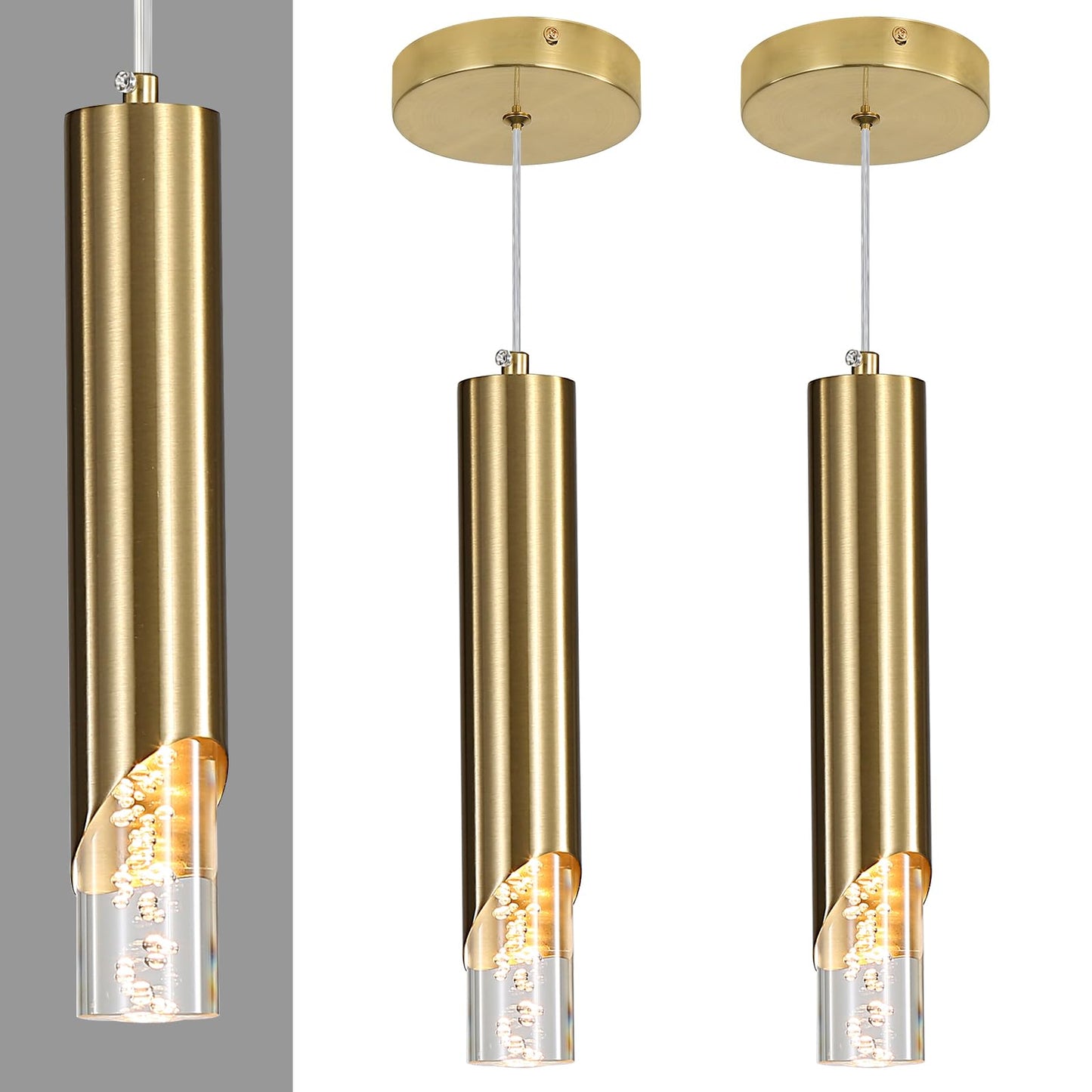 2 Pack Modern Gold Pendant Light Fixture  Acrylic Bubble Cylinder Hanging Lights  3 Color Temperatures  Minimalist Ceiling Chandelier Lighting For Dining Room  Bedroom  Hallway  Bar  Kitchen Island