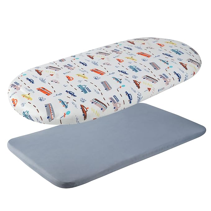 Bassinet Sheet Set 2 Pack Snug Fitted Cradle Fitted Sheets, Stretchy Ultra Soft, for Oval Rectangle Hourglass Bassinet Mattress, Unisex Boy Girl, Grey & Car