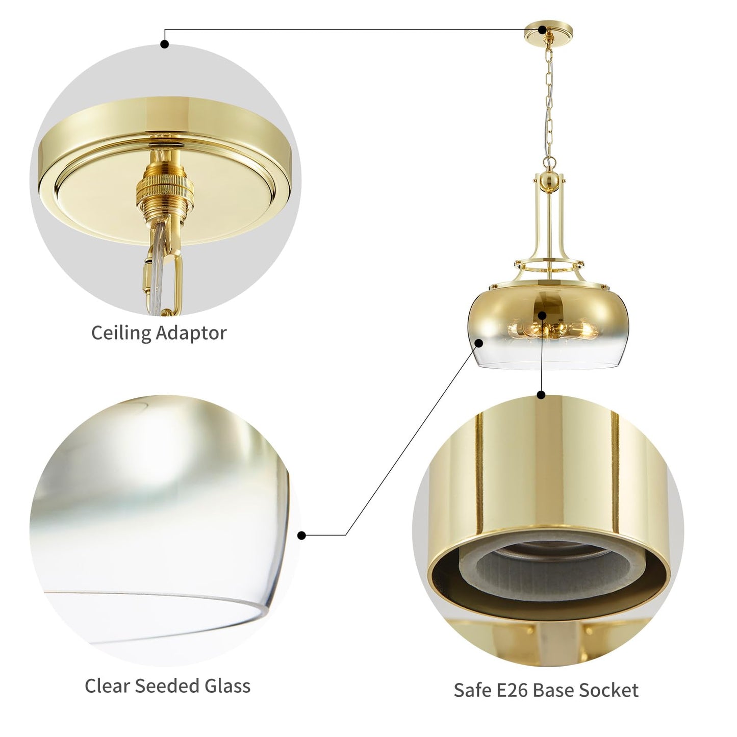WUZUPS Gold Chandelier Pendant Light Fixture, 3-Light, Gradient Glass Shade, H 20.9in W 15.9in, Model USHD30308PB
