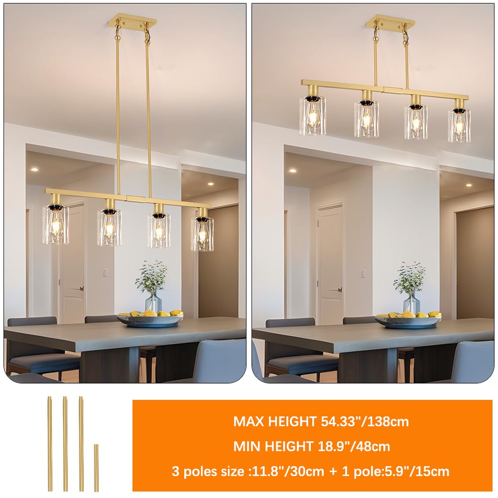 4-Light Kitchen Island Lighting  Gold Dining Room Light Fixtures Over Table  Island Lights With Glass Shade  Farmhouse Pendant Lights Kitchen Chandelier For Restaurant Bar  Height Adjustable