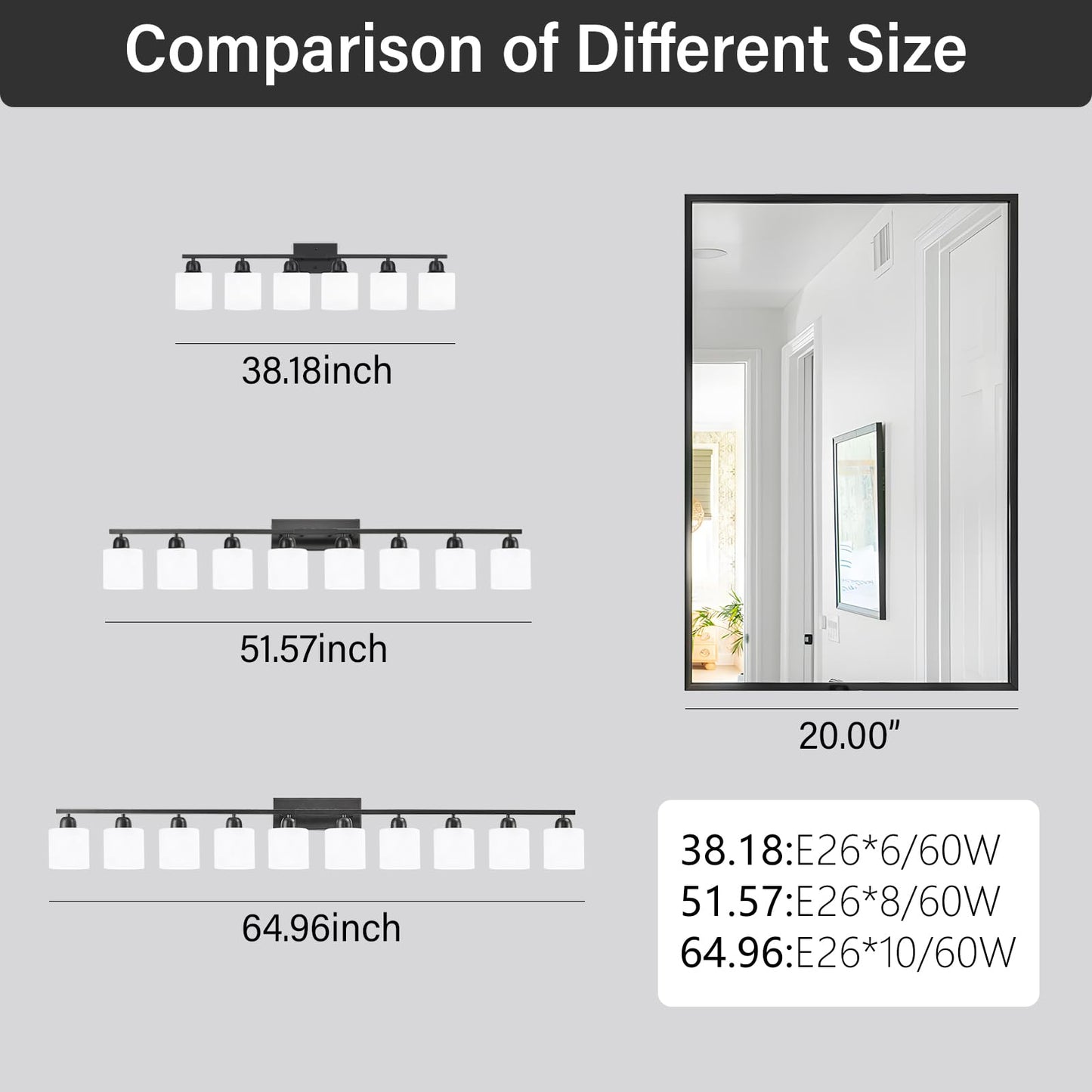 10 Light Black Vanity Lights for Giant Mirror, Bathroom Vanity Lights Over Mirror with Milky White Frosted Glass Shades,65 inch Bathroom Light Fixture for Mirrors, E26