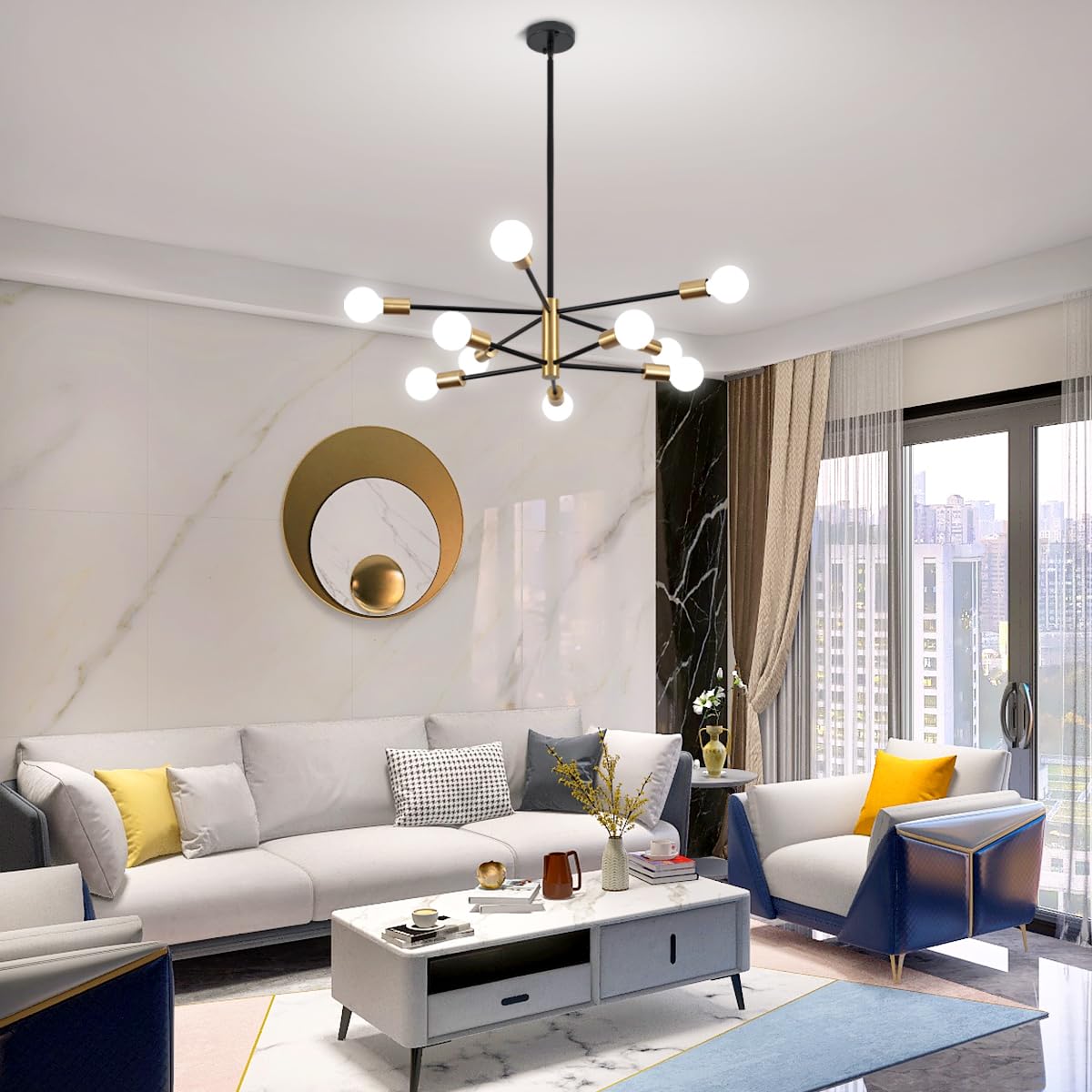 ZSMIHDOH 10-Light Chandelier, Modern Sputnik Light Fixture, Metal, Black & Gold, Model Huazhi-68T
