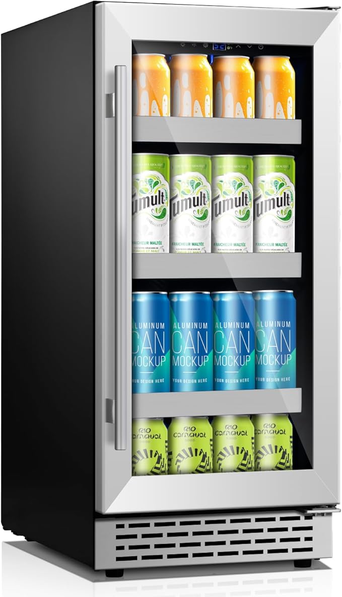 15 Inch Beverage Refrigerator,130 Cans Under Counter Beverage Fridge with Glass Door for Soda Beer Water, Freestanding Reversible Door Beverage Cooler Refrigerator for Home&Kitchen