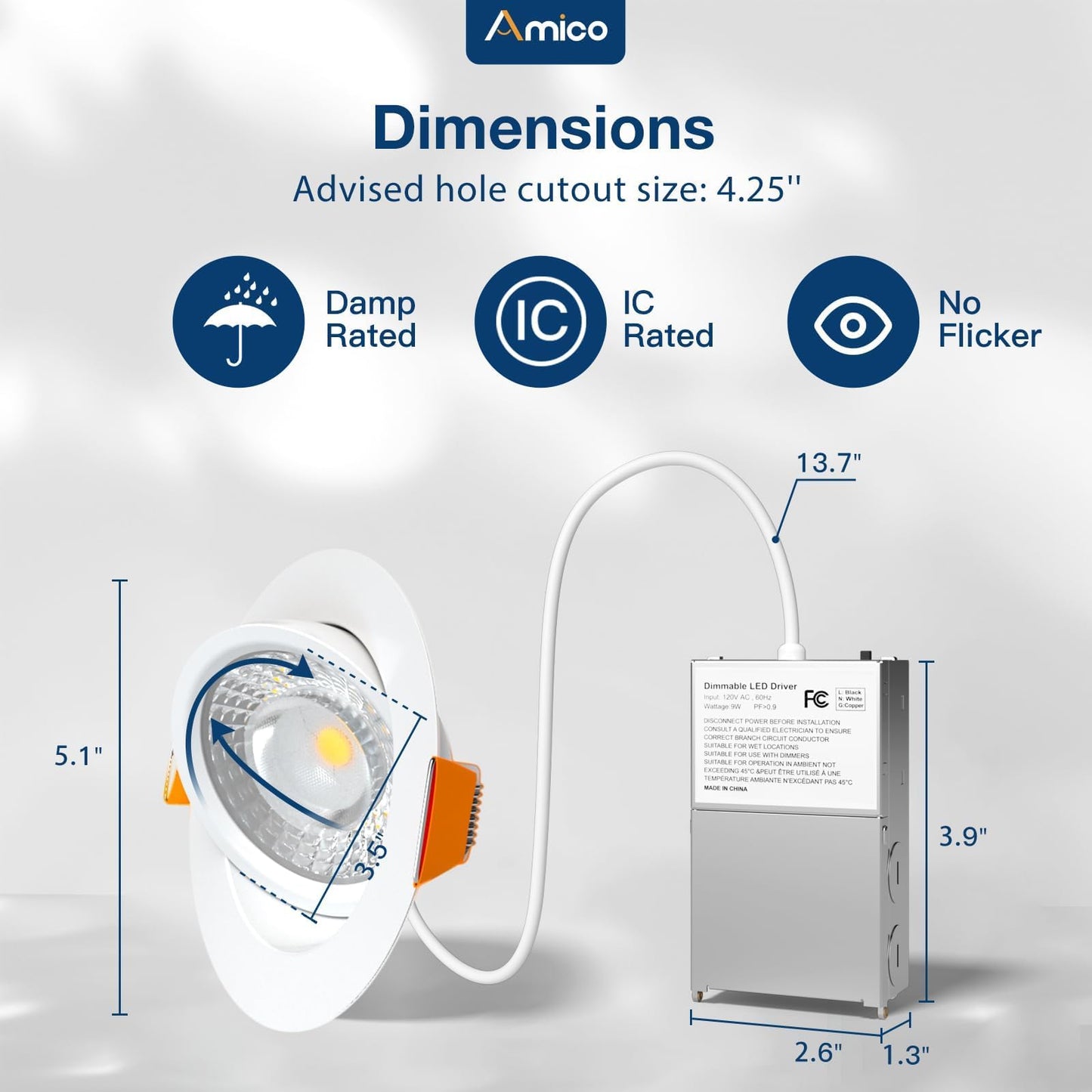 Amico 6 Pack 4 Inch 5CCT Gimbal LED Recessed Lighting, 360°&90° Adjustable Eyeball Directional Downlight, Dimmable, 2700K/3000K/3500K/4000K/5000K Selectable, CRI90+ 9W 700LM, ETL&FCC