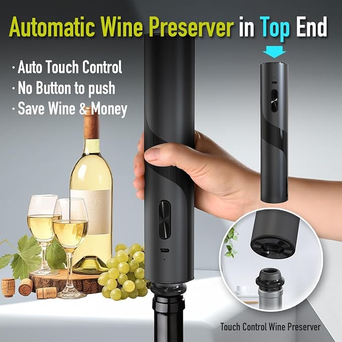 Electric Wine Opener with Charging Base | Electric Corkscrew Wine Bottle Opener at BOTTOM END + Auto Wine Saver Pump at TOP - Cool Wine Gifts and House Warming Gift