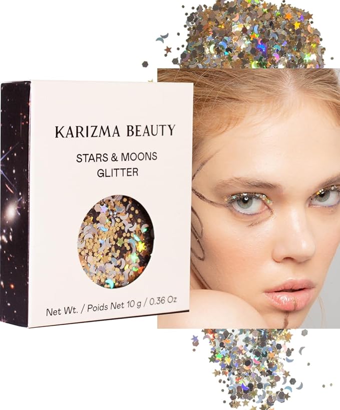 KARIZMA Stars & Moons Body Glitter. 10g Chunky Face Glitter, Hair Glitter, Eye Glitter and Body Glitter for Women. Rave Gl...