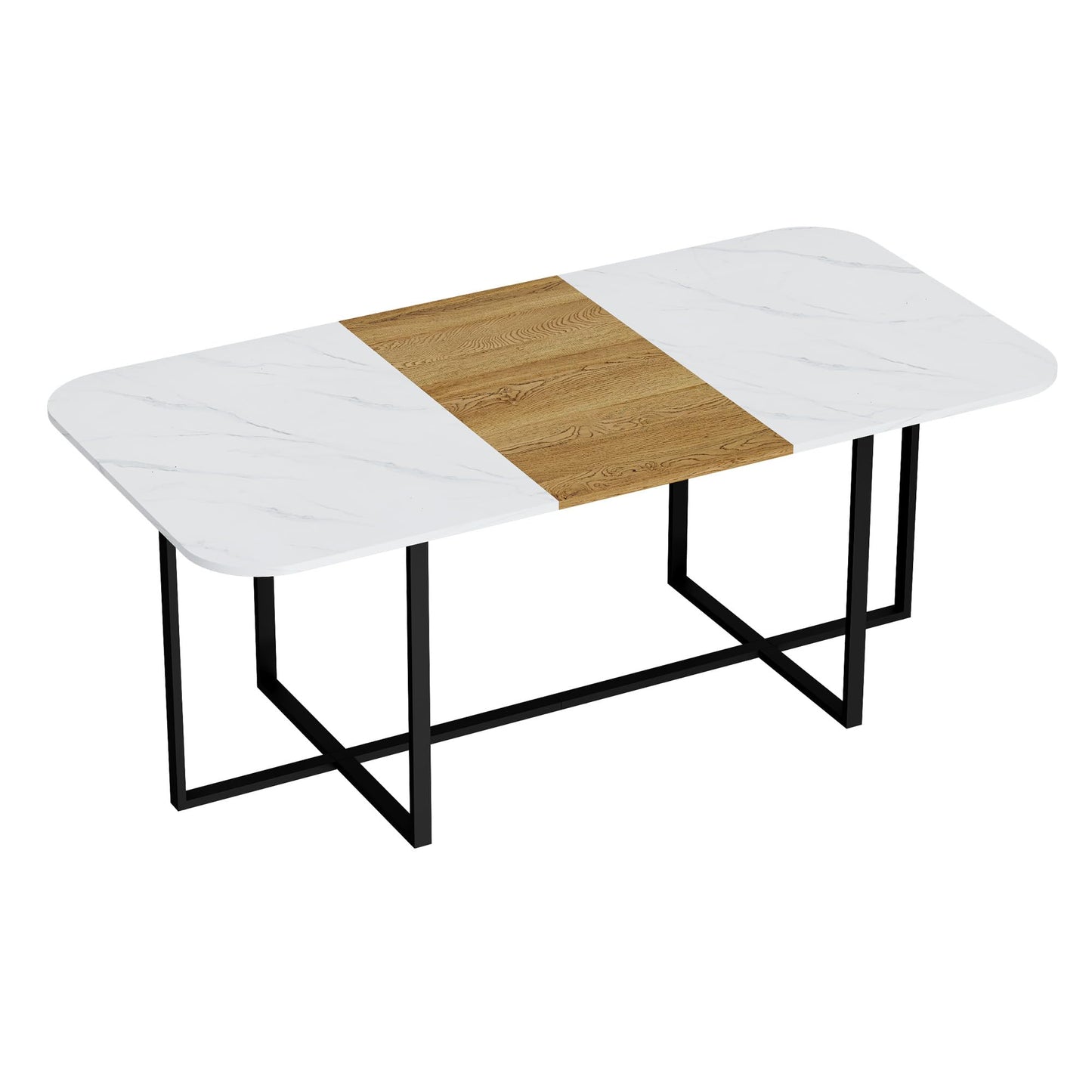 KEIKI 79" Dining Table Set for 8, Rectangular Kitchen Table Set with White Faux Marble & Wood Grain Top, Modern Dining Room Set with 8 White Faux Leather Chairs, Large Family Dining Table Furniture