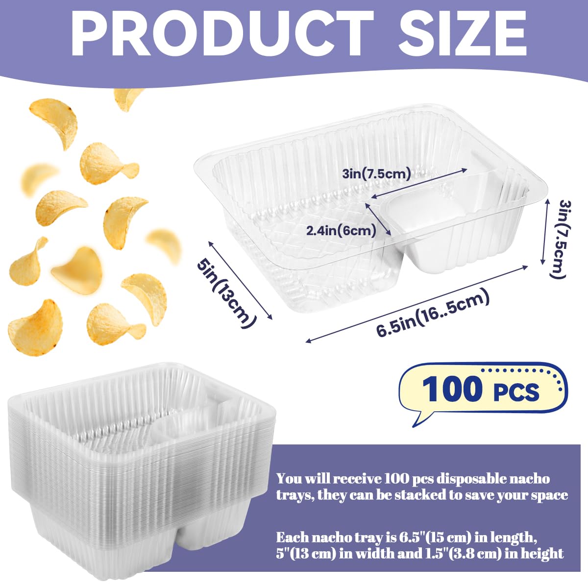 zandfelo 100 Pcs 12oz 6.5''x5'' Plastic Nacho Trays, Small Disposable Tray for Nachos & Cheese Dip, Clear Nacho Containers for Chip, 2 Compartment Movie Night Snack Trays Great for Snacks, Fair Foods
