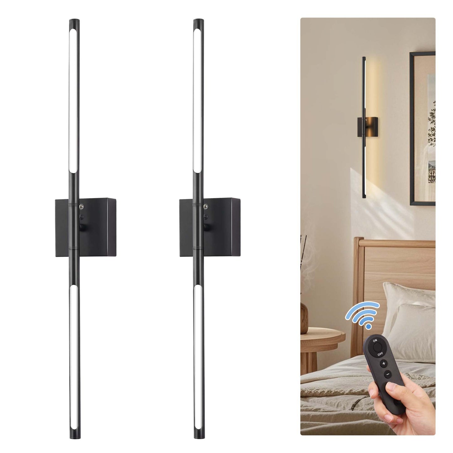 DORESshop Battery Operated Wall Sconces Set of 2, Dimmable, Black, 29 Inch, Metal, Wireless Rechargeable Lights for Bedroom, Living Room