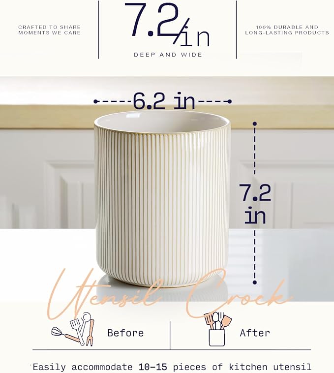 getstar Large Kitchen Utensil Holder for Kitchen Counter (H7.2” x W6.2”), Ceramic Cooking Utensil Holder with Cork Mat (Vintage, Large(7.2"))
