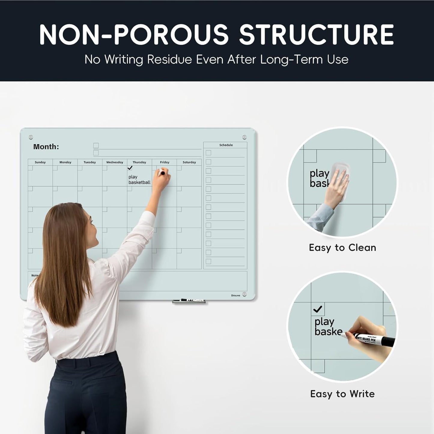 Magnetic Glass Whiteboard - Glass Monthly Calendar Dry Erase Board 48"x36" Large Frameless Glass Board for Walls Office School and Home