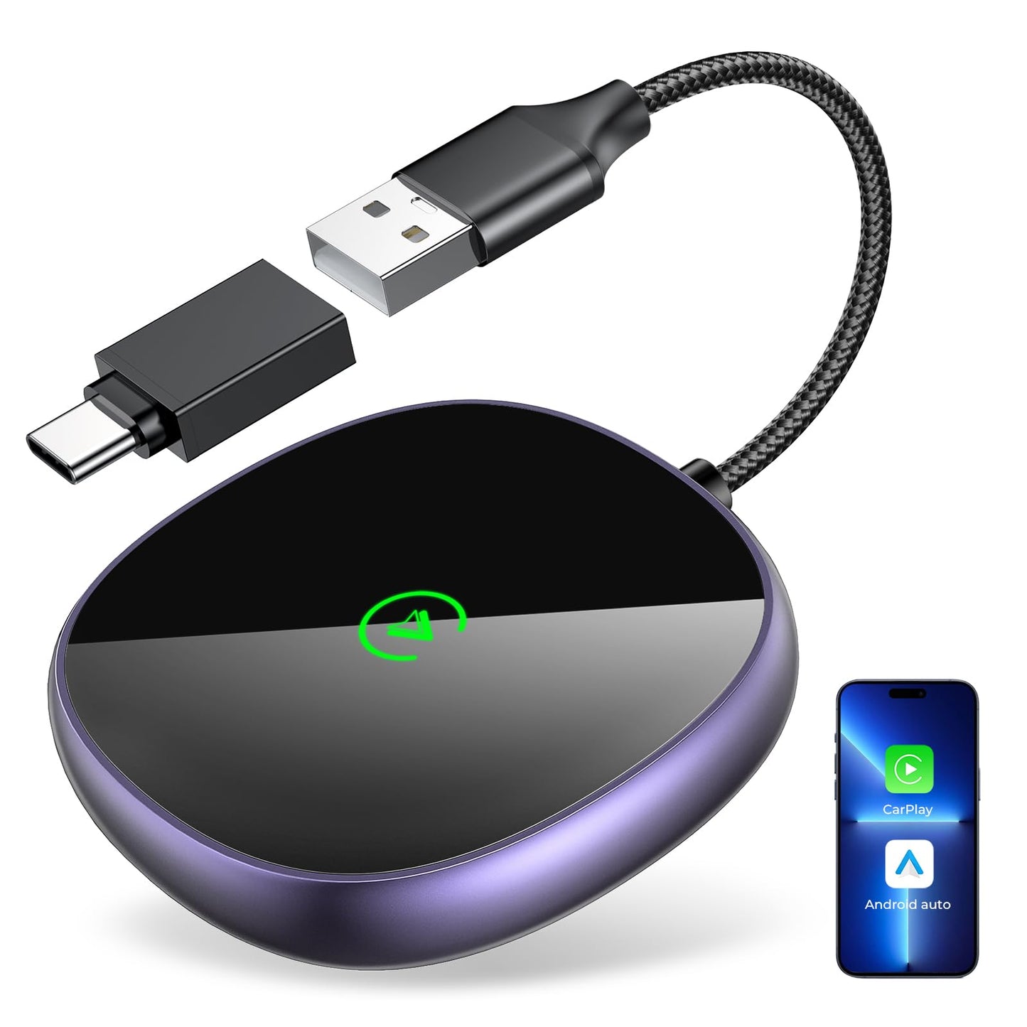 Wireless Carplay Adapter for iPhone & Android Auto 2-in-1, Stable, Plug & Play Low Delay Carplay Wireless Adapter Convert Wired to Wireless Apple Car Play Dongle for iOS 10+/Android 11+ (Purple)