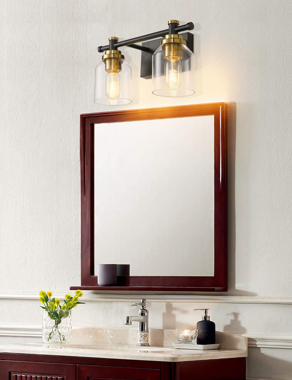 SOLFART Vintage Wall Lighting Sconce 2 Lights Black Brass Glass Shade Model 7900-2