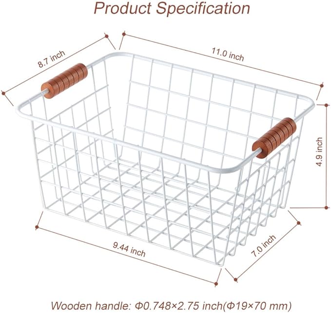Wire Kitchen Storage Basket 4 Packs,Perfect Pantry Organization Accessories Baskets,Laundry Basket,With a Wooden handle,Suitable for Kitchen,Bathroom,Bedroom,Tabletop,Stackable,White
