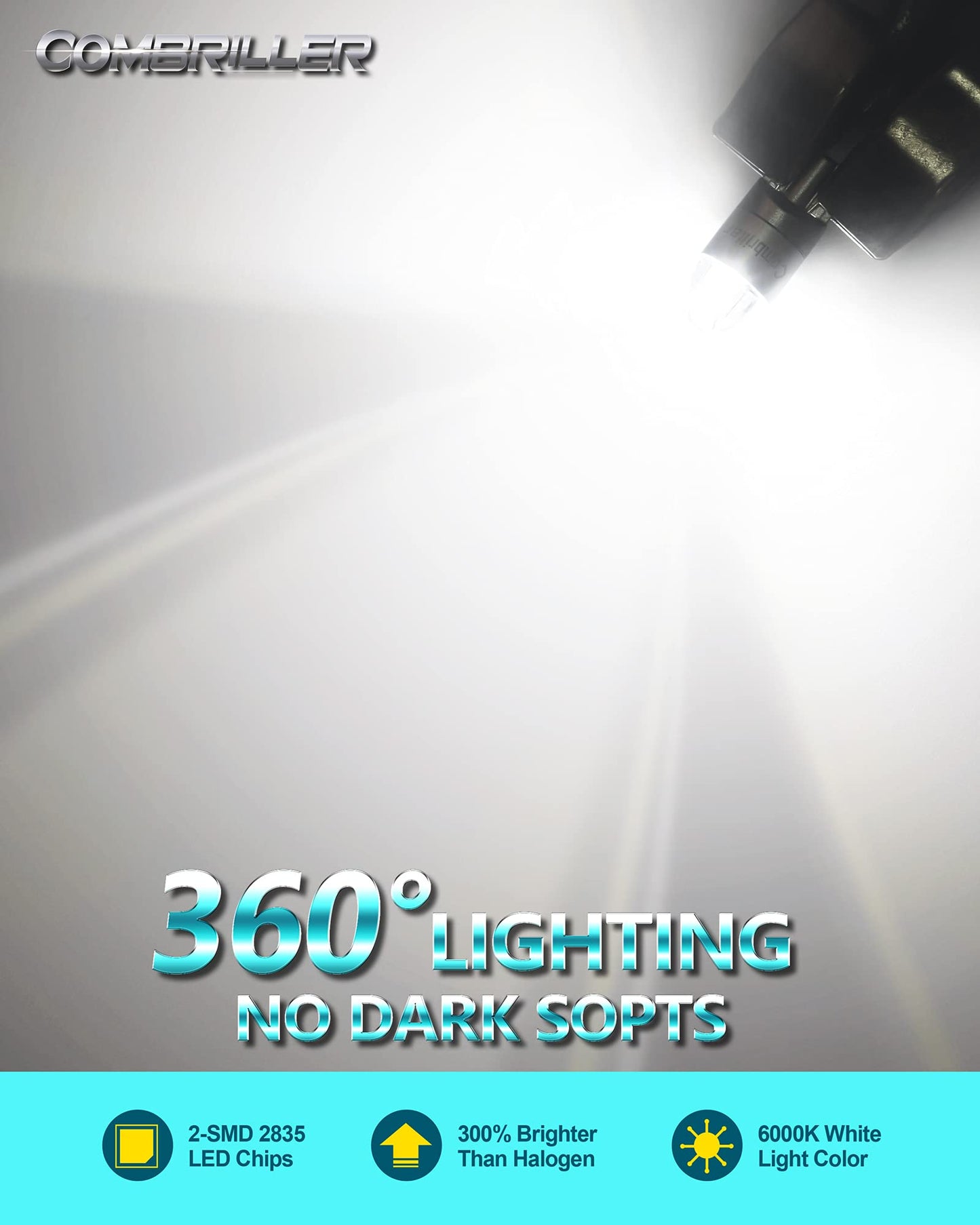 Combriller 194 LED Bulb T10 2825 w5w, 6000K White, Error Free, Pack of 2 for Car Interior Lights
