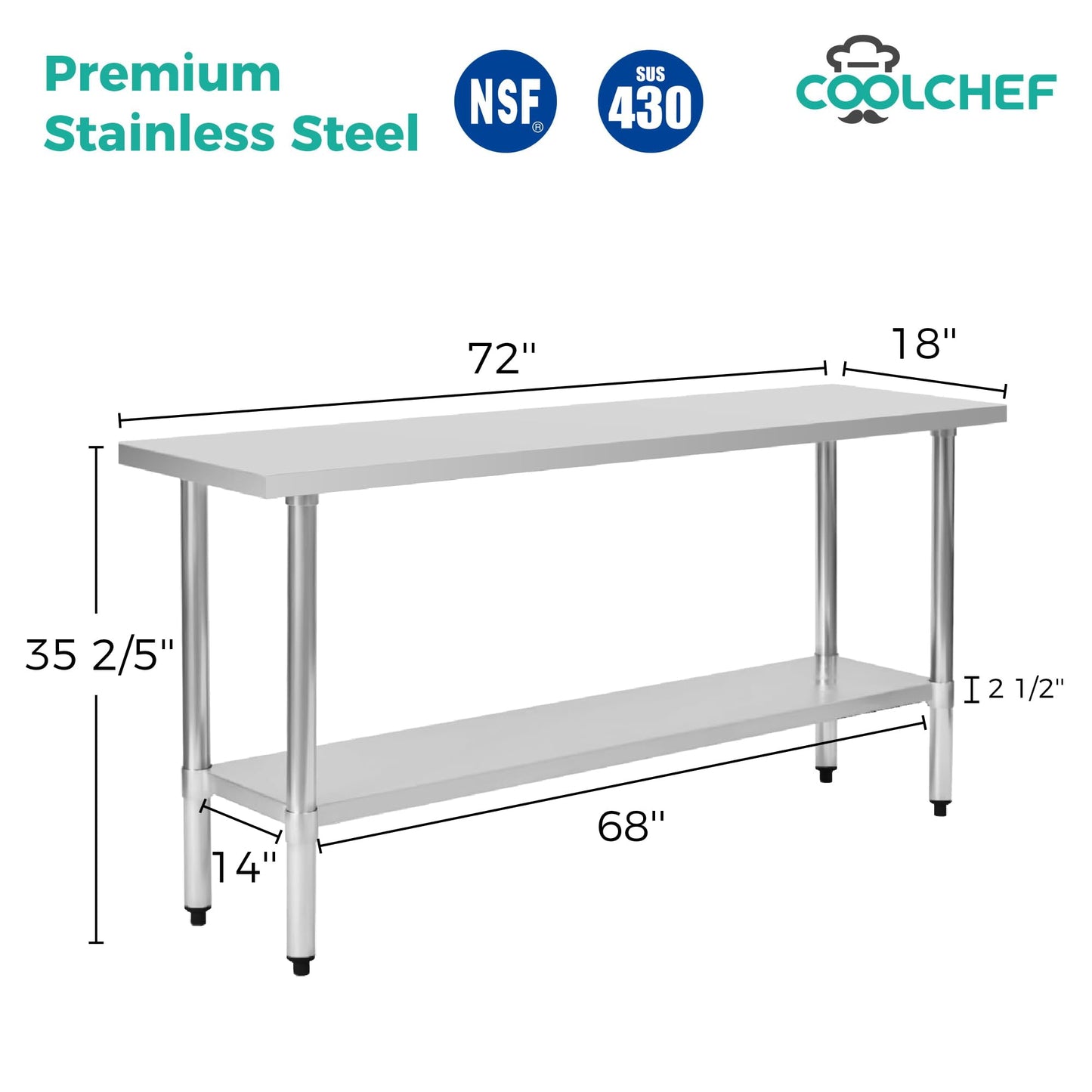 Okeyolive Stainless Steel Work Table 18 x 72 Inch, NSF Commercial Prep Table with Undershelf, Heavy Duty Food Prep Workstation