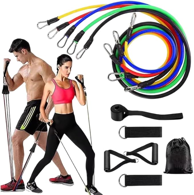 11-Piece Resistance Bands Set for Home Workout Equipment, Instructions Included, Green (30 Lbs) Black (40 Lbs), Red (50 Lb...