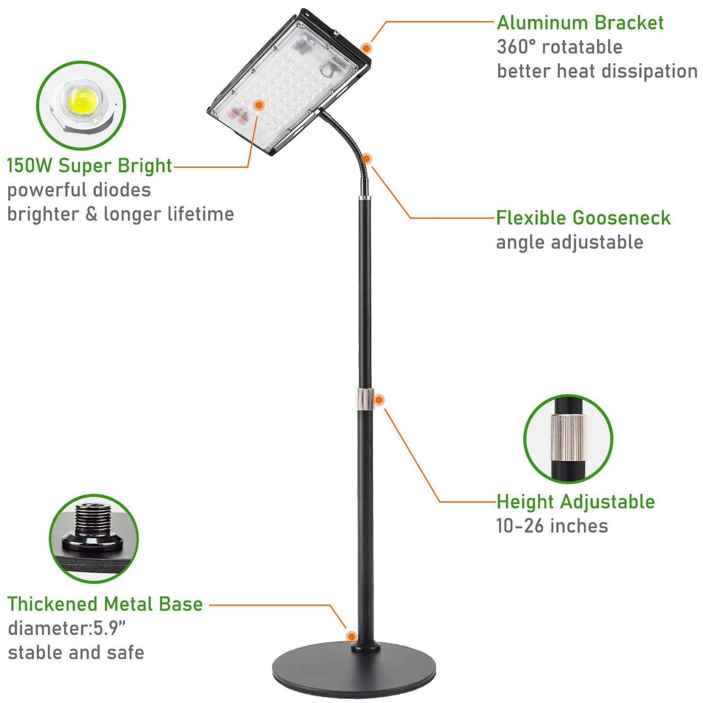 LBW Grow Light for Indoor Plants, Full Spectrum LED Lamp, Height Adjustable, One Head, Aluminum, Model 210703, Medium-One Head