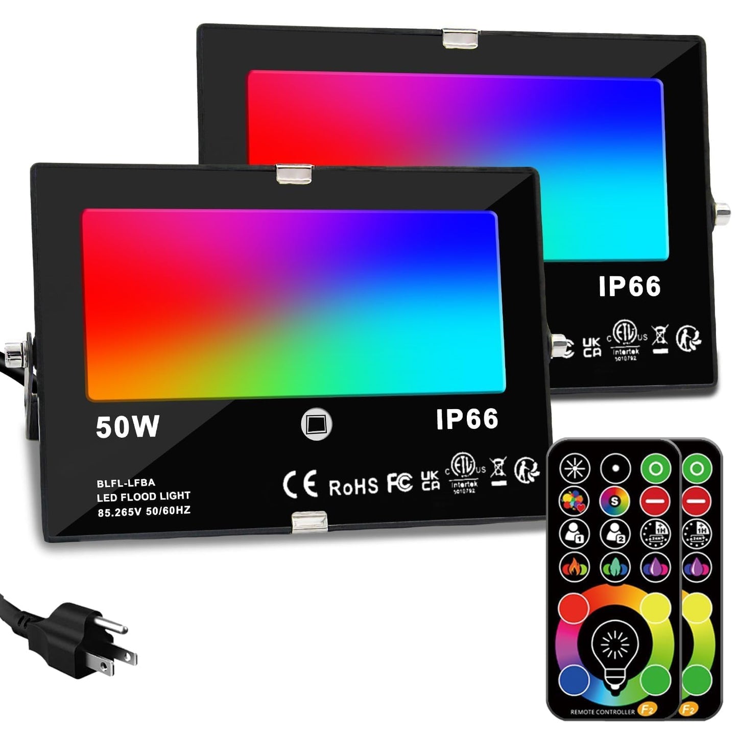 HEKEE LED Flood Light 50W RGB Color Changing 5000 Lumens, 2 Pack, Aluminum, IP66 Waterproof, Black/Clear