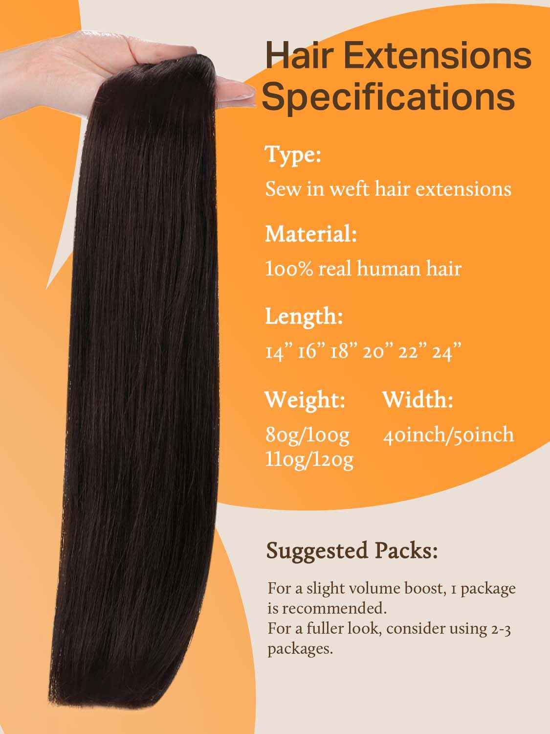 DOORES Sew in Hair Extensions Real Human Hair, Dark Brown 16 Inch 80g, Full Head Double Weft Extensions for Women Natural Straig