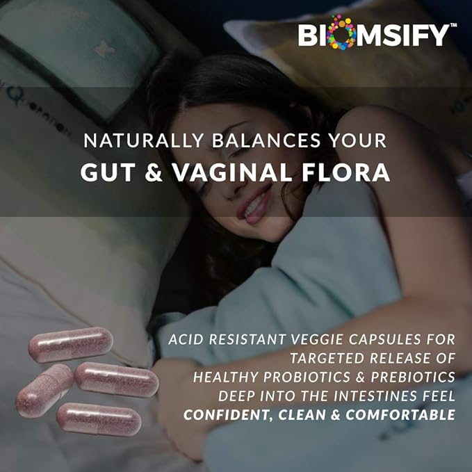 Biom Complete Feminine Balance Women's Daily Probiotics + Prebiotics with Organic Cranberry & Pomegranate with Lactobacillus crispatus, Gluten &, Dairy-Free. 30 Servings