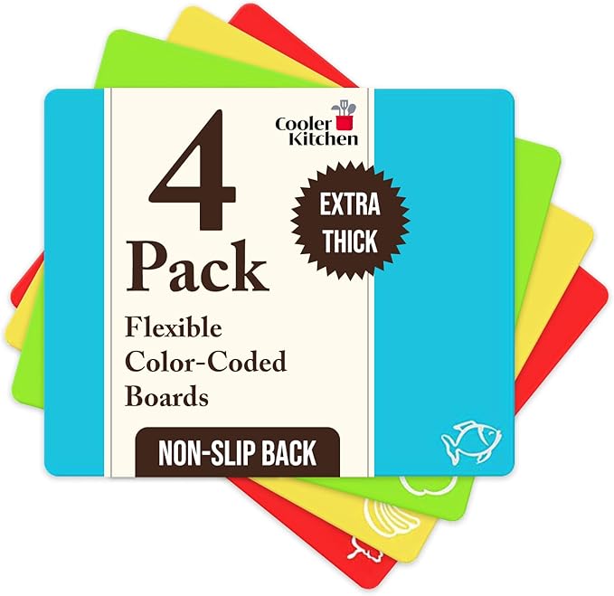4 Piece Flexible Plastic Cutting Boards for Kitchen, BPA Free Plastic Cutting Mats For Kitchen - Extra Thick Chopping Mats - Each Board Mat Color Coded with Food Icons - Non Slip Back Dishwasher Safe
