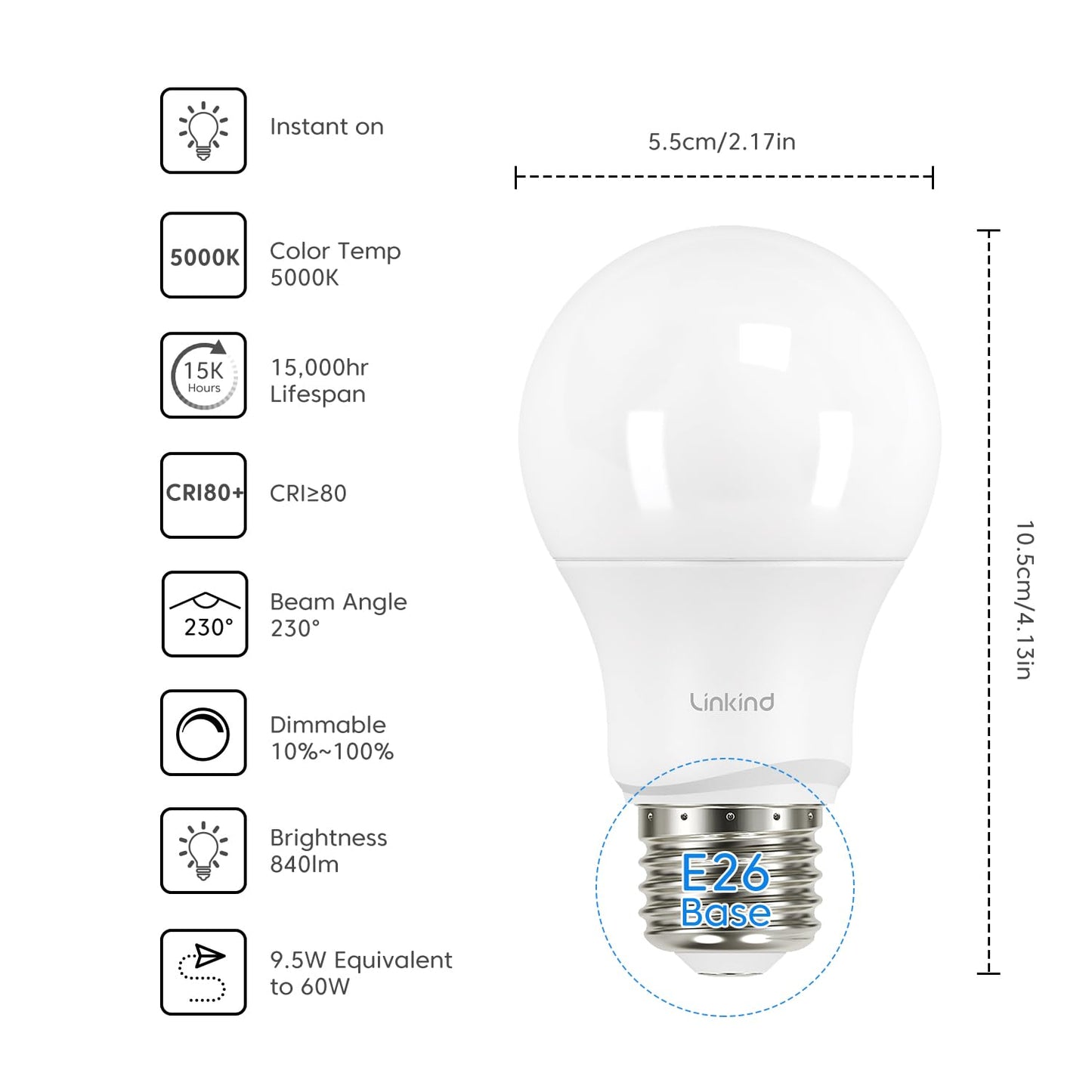 Linkind Dimmable A19 LED Light Bulbs 60W Equivalent 5000K Daylight 9.5W 840 Lumens Pack of 24