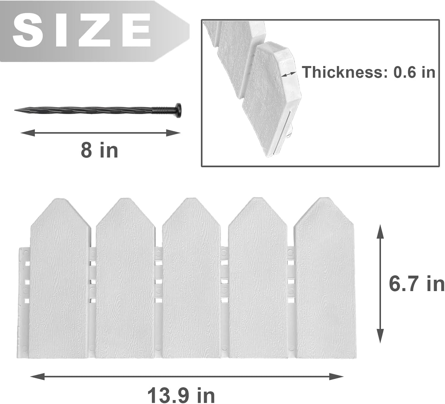 Garden Edging Border Kit 6.7 in Tall Decorative Double-Sided Wood-Look Fence Garden Border, Flower Bed Edging with 20 Anchoring Spikes, 9.3 Foot Kit (White)