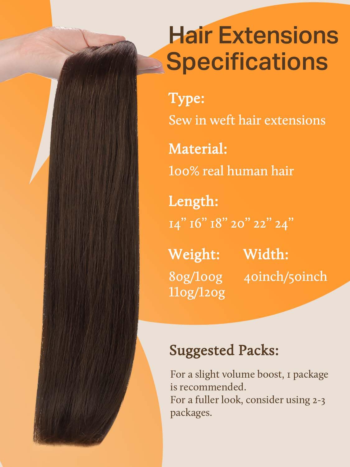 DOORES Sew in Hair Extensions, 18 Inch 100g Light Dark Brown, Human Hair Extensions Sew in Straight Hand Tied Weft for Women