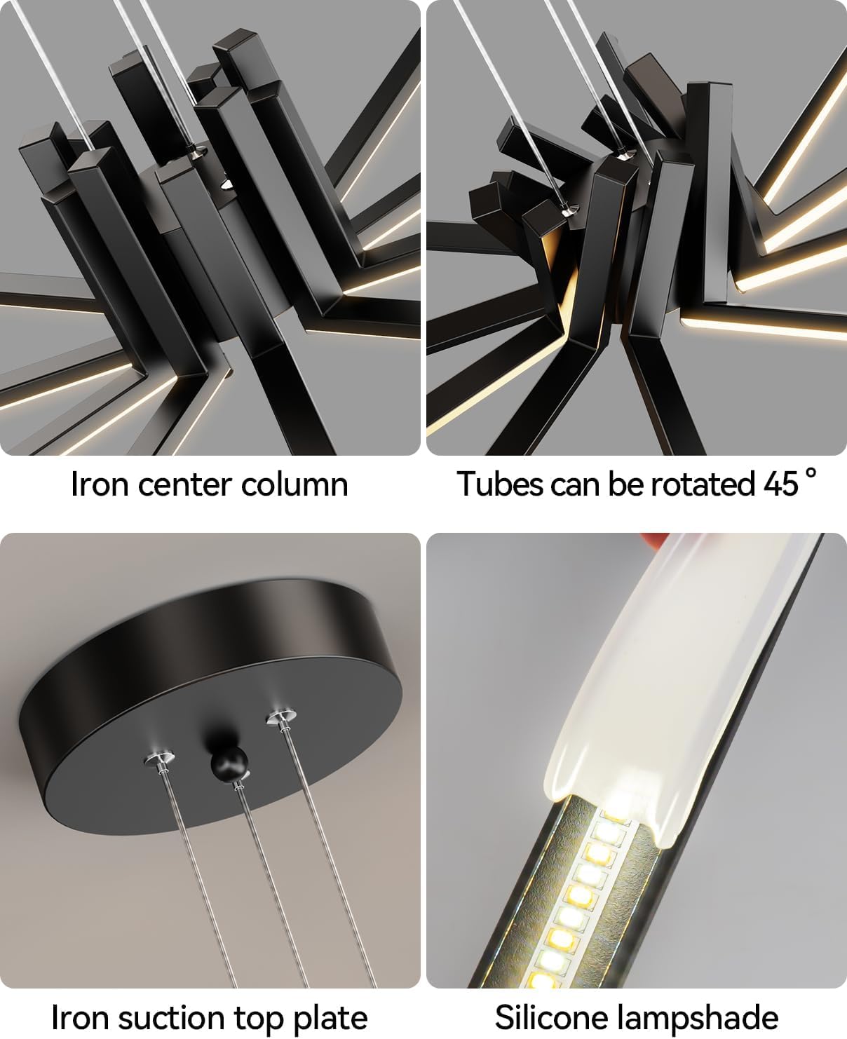 JYUWRIVG Modern Led Chandelier, Dimmable Sputnik Light Fixture, Remote Control, Black, Model YM05