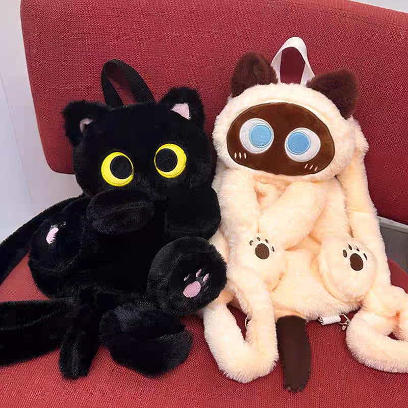 Osmanthus bloom Plush Backpack,Cat Bag,Stuffed Animal Backpack,Cute Cartoon backpack,Plush Bag (A-Black Cat)