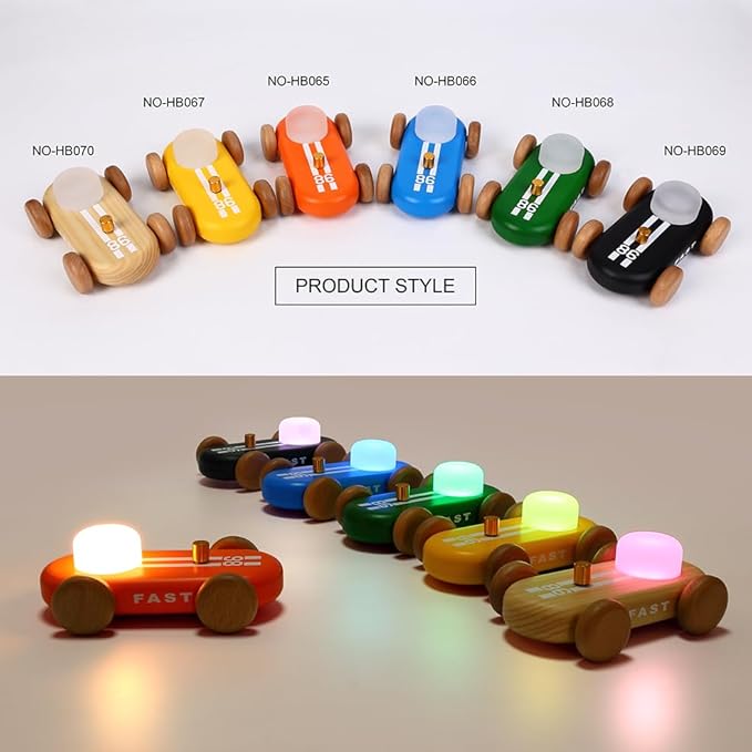 Wooden Go-Kart Night Light for Kids, 7 Color Adjustable, USB Rechargeable (Burlywood)