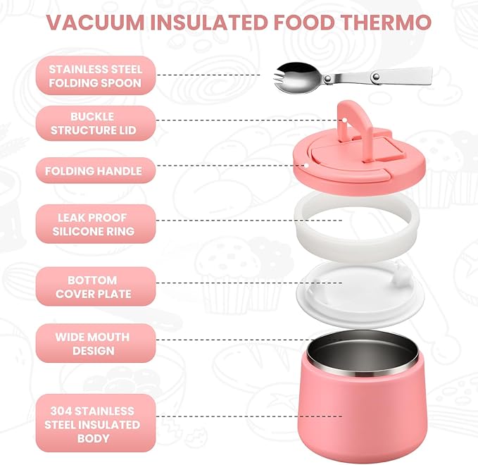 Kids Thermo for Hot Food, 14oz Insulated Soup Jar, Stainless Steel Lunch Box with Leakproof Lid & Spoon, Vacuum Insulated Bento Container (Dark Pink)