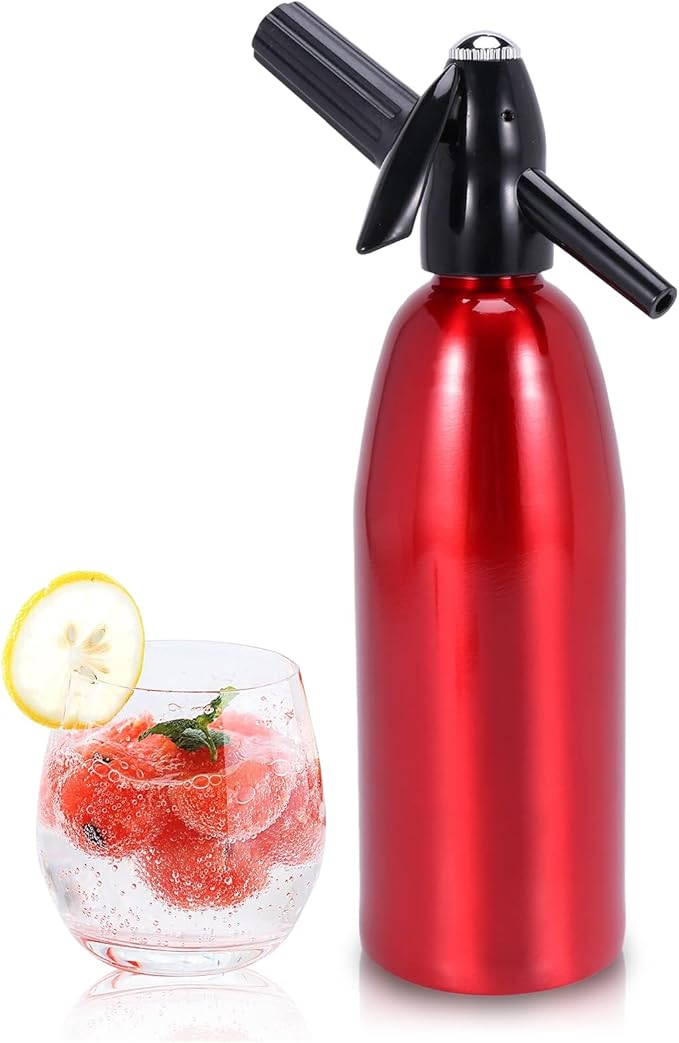 1L Portable Soda Siphon – Aluminum Home Soda Maker, Red Vintage Seltzer Bottle for DIY Carbonated Drinks, Sparkling Water Maker for Healthy Cocktails, Use 8 gram CO2 Cartridges (Not Included)