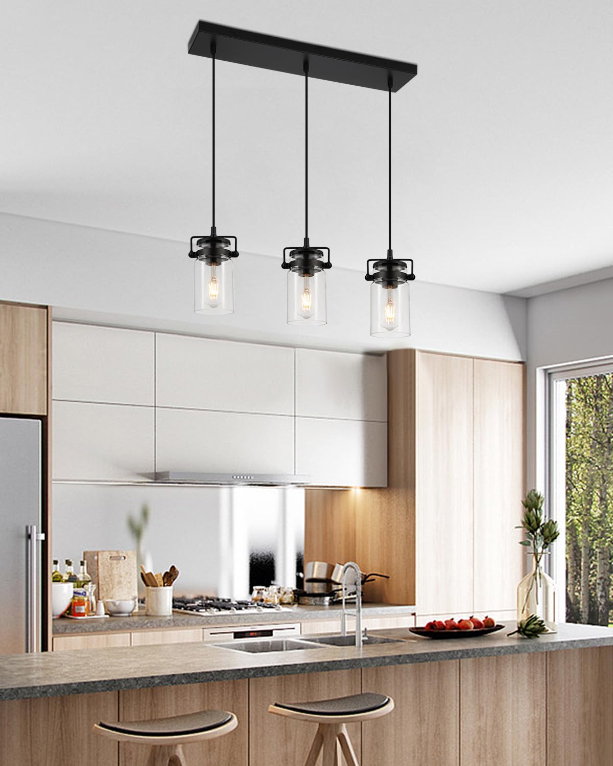 Pendant Lighting For Kitchen Island  Modern Glass Pendant Light Linear Chandelier For Dining Room Industrial Hanging  3 Light Fixture Adjustable Cord Farmhouse Ceiling Light Black Finish